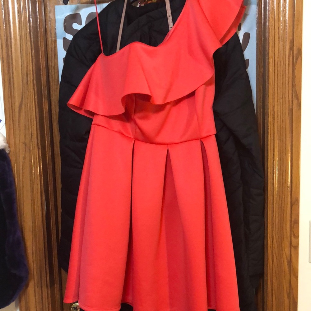Miss selfridge coral off shoulder dress